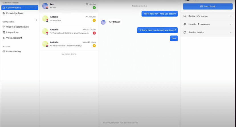 AI Customer Support Platform Screenshot